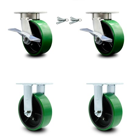 Service Caster 6 Inch Kingpinless Green Poly on Steel Caster Brake & Swivel Lock 2 Rigid, 2PK SCC-KP30S620-PUR-GB-SLB-BSL-2-R-2
